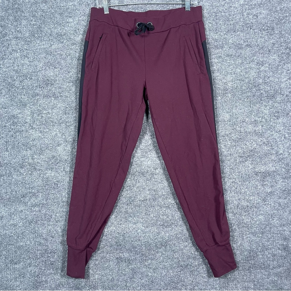 Athleta Womens Medium Burgundy Black Side Stripe Metro Track Jogger Pant Pull On